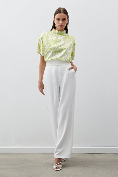 Sateen Dik Yaka Desenli Salaş Bluz - YAĞ YEŞİLİ