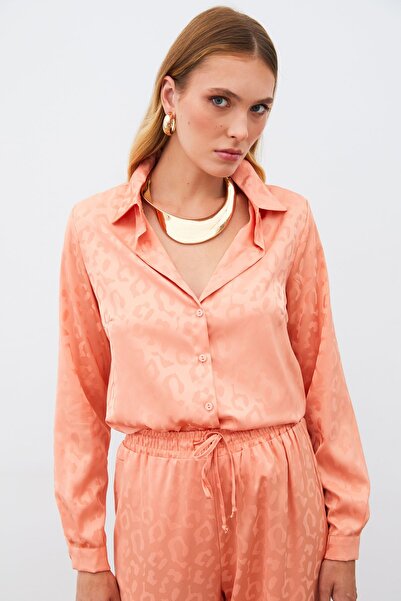 Sateen Patterned Satin Shirt - Salmon