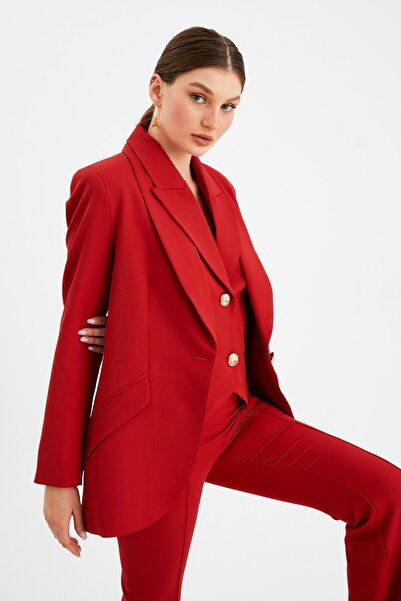 Sateen Düğme Detaylı Uzun Ceket - Kırmızı