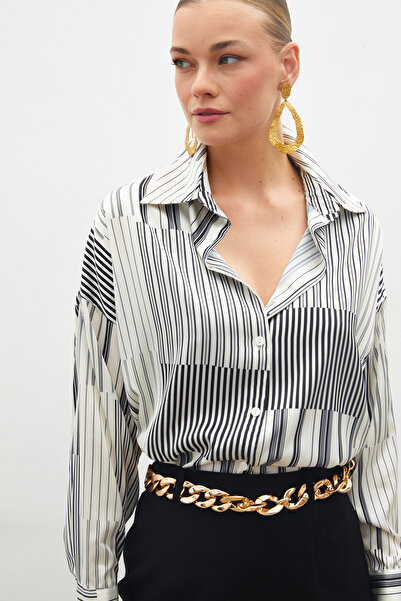 Sateen Çizgili Düz Gömlek - SİYAH