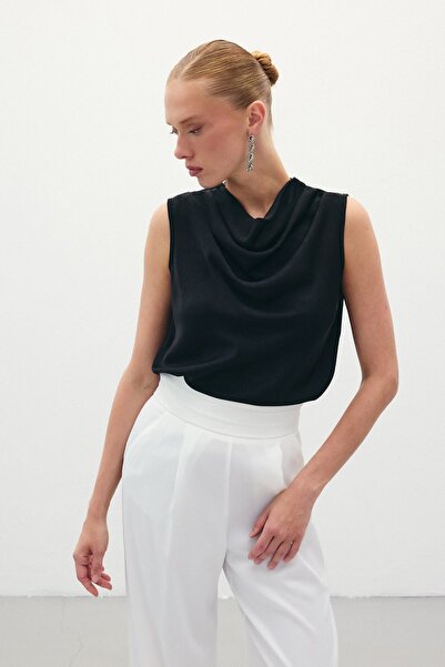 Sateen Degaje Yaka Saten Bluz - Siyah