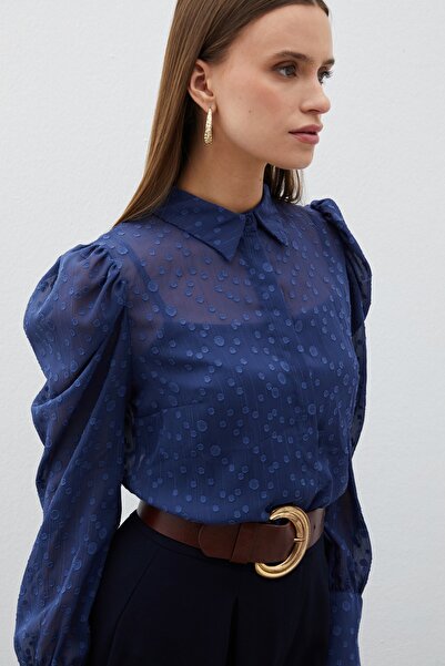 Sateen Puantiye Dokulu Gömlek - LACİVERT