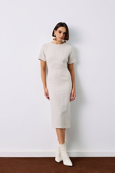 Sateen Simli Kısa Kol Elbise - Bej