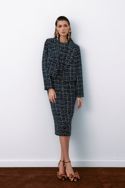 Sateen Sleeveless Tweed Pencil Dress - Navy Blue