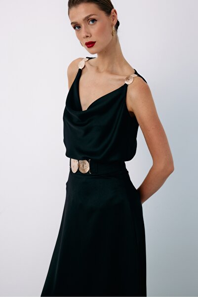 Sateen Casual Blouse with Shoulder Accessory - Black