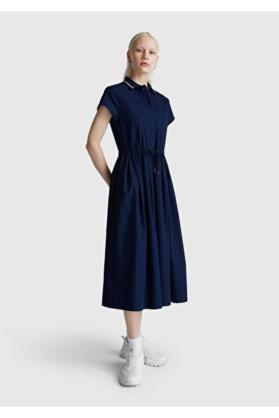 United Colors of Benetton Women's Navy Blue 100% Cotton Buttoned Waist Lace-Up Shirt Collar Dress