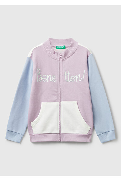 United Colors of Benetton Girl's Lilac-Ecru Glitter Logo Printed Zippered Ribbed Regular Fit Sweatshirt