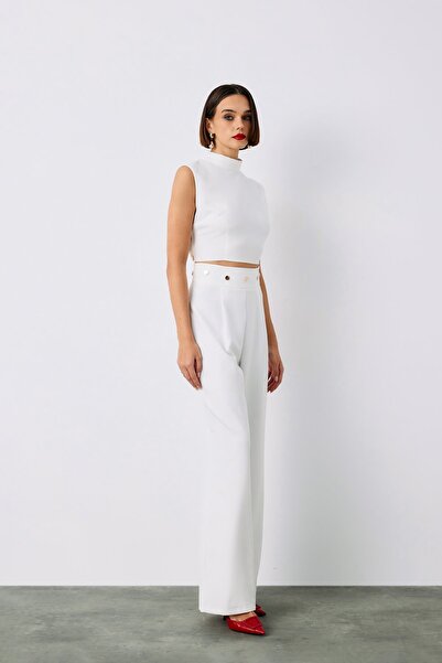 Sateen Bel Aksesuarlı Pantolon - Ekru