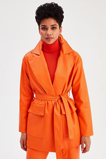 Sateen Belted Leather Jacket - Orange