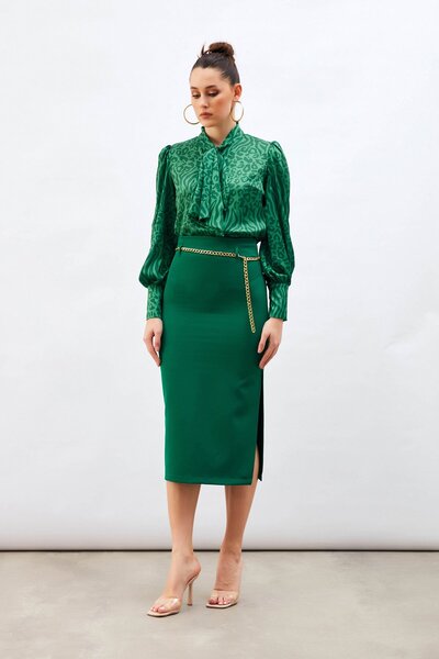 Sateen Zincir Kemerli Kalem Etek  Zümrüt