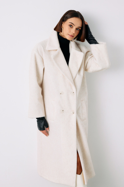 Sateen Düğmeli Kaşe Kaban - Ekru