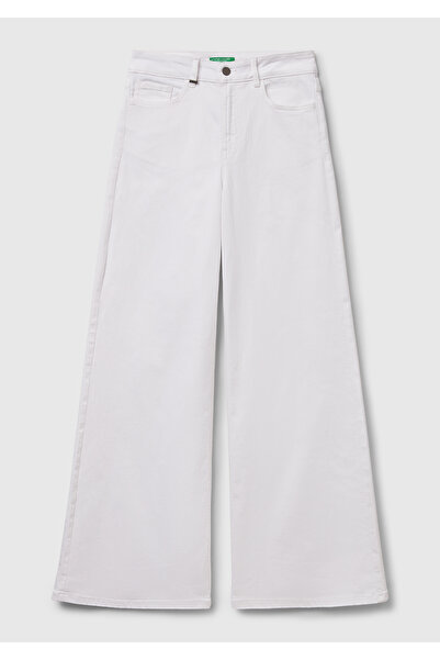 United Colors of Benetton Women's White Stretch Cotton Loose Cut Trousers with Logo Label on the Back