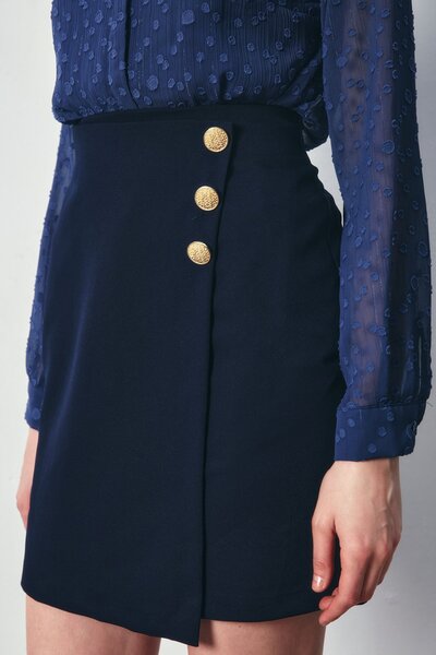 Sateen Kruvaze Düğme Detaylı Etek - LACİVERT