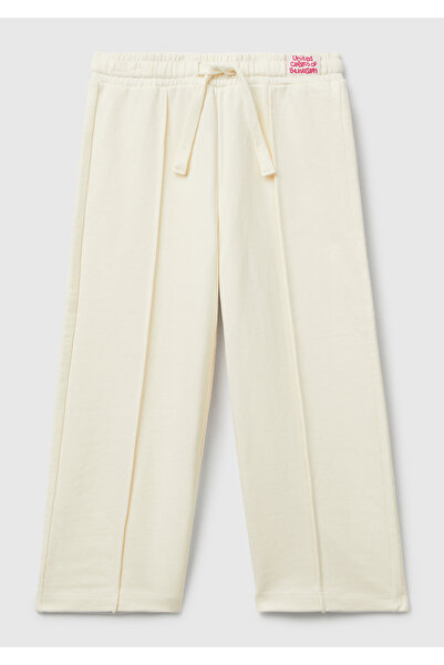 United Colors of Benetton Girl's ecru stitch detailed waist drawstring wide leg sweatpants