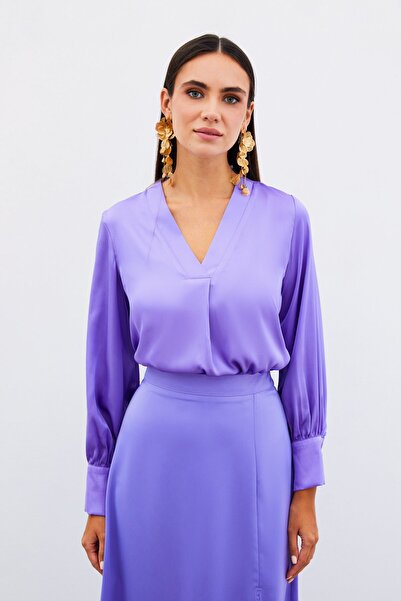 Sateen V Yaka Saten Bluz - LİLA