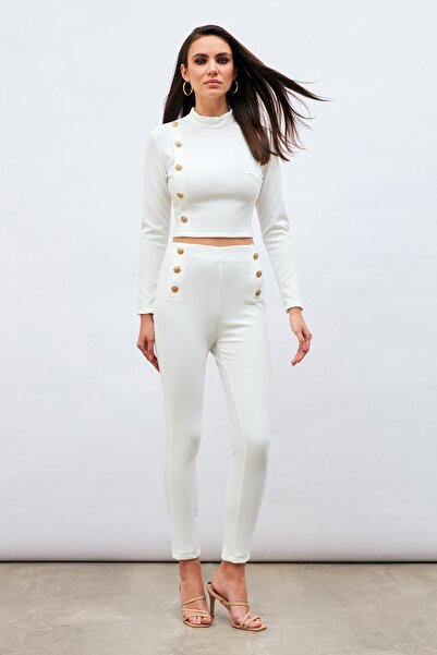 Sateen Штани з деталями на ґудзиках - Екрю