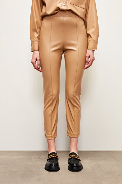 Sateen High Waist Leather Trousers - Beige