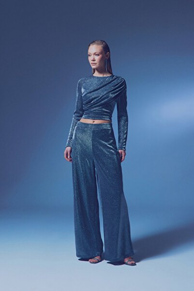 Sateen Büzgü Detaylı Simli Bluz - ANTRASİT