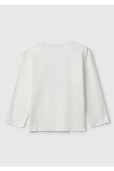 United Colors of Benetton Boy's Ecru Organic Cotton Long Sleeve Jersey T-Shirt with Logo Printed on the Front