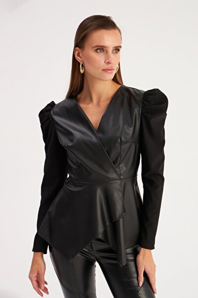 Sateen Bluză cu detaliu din piele - Negru