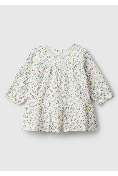 United Colors of Benetton Baby White All over Patterned Logo Label Round Neck Flounce Dress