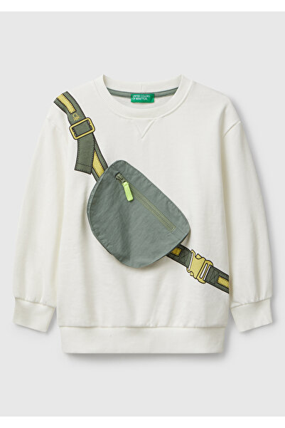 United Colors of Benetton Boy's Ecru Crew Neck Relaxed Fit Sweatshirt with Illusion Effect on the Front