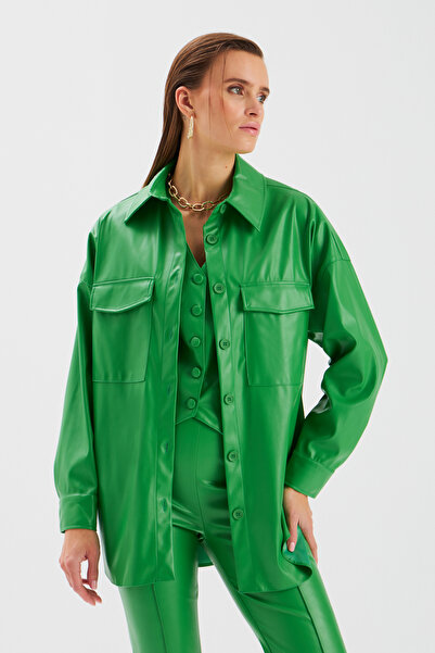 Sateen Cămașă lungă din piele cu buzunare - Verde