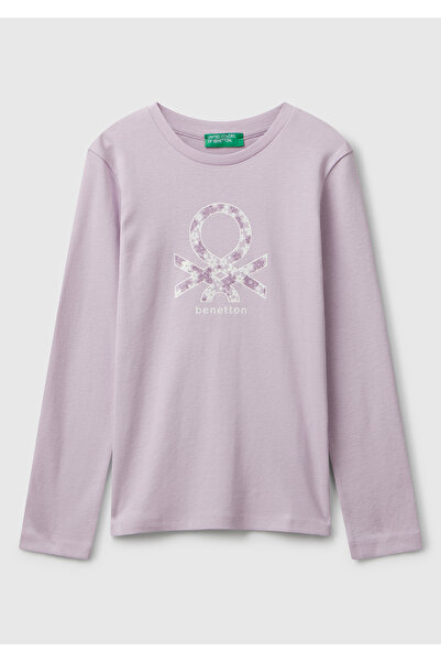 United Colors of Benetton Tricou cu mânecă lungă, cu logo-ul liliac strălucit...