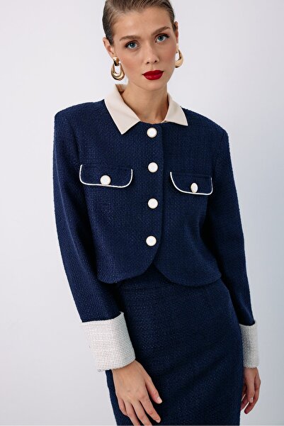 Sateen SÖTÉTKÉK Kontrasztos rövid Tweed dzseki