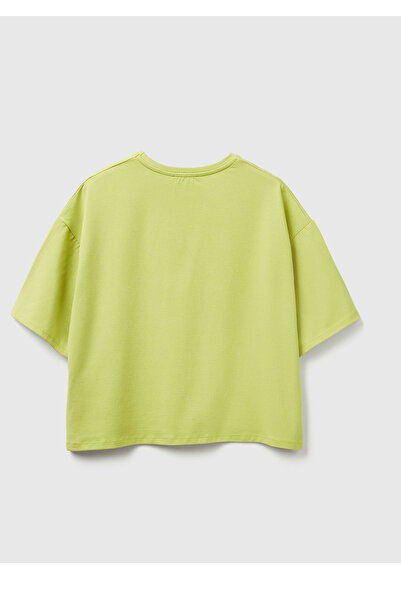 United Colors of Benetton Γυναικείο ανοιχτό πράσινο μπλουζάκι από βαμβακερό μείγμα με λουλουδάτο απλικέ