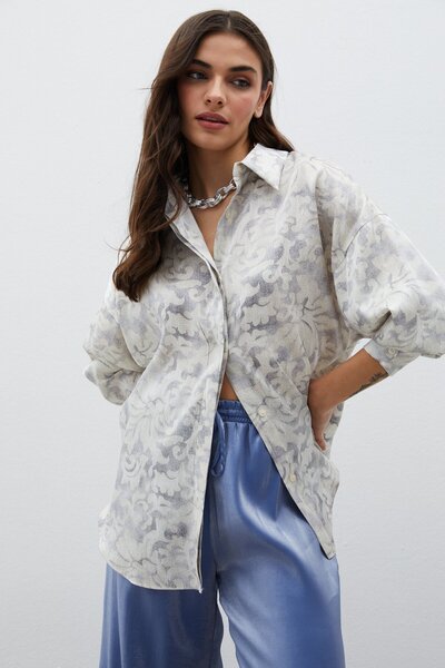 Sateen Long Patterned Shirt - Gray