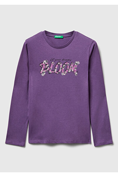 United Colors of Benetton Tricou cu mânecă lungă pentru fete, mov, cu imprime...