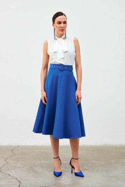 Sateen Kemerli Kloş Etek - İndigo