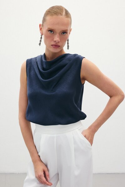 Sateen Degaje Yaka Saten Bluz - Lacivert