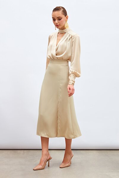 Sateen Yırtmaçlı Saten Etek Bej