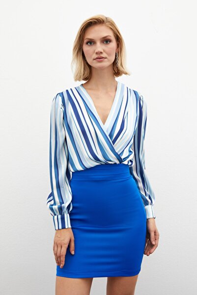 Sateen Çizgili Bodysuit Bluz - İNDİGO