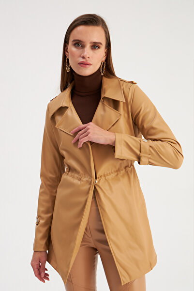 Sateen Leather Jacket with Drawstring Detail - Beige
