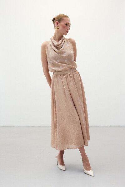 Sateen Kraşlı Kloş Etek - Pudra