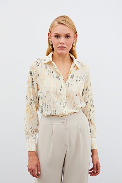 Sateen Parlak Desenli Gömlek - Krem-Gold