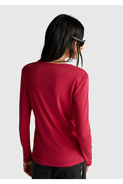 United Colors of Benetton Tricou cu mânecă lungă pentru femei, fucsia, 100% bumbac, cu decolteu, Benetton Written