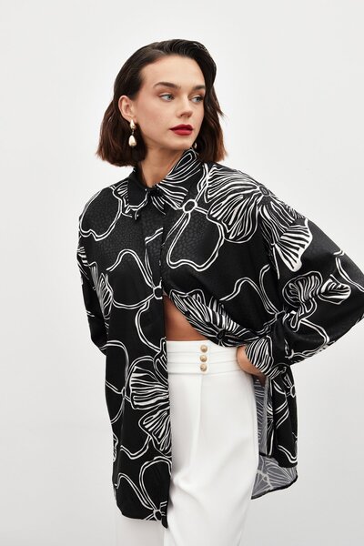 Sateen Desenli Uzun Gömlek - SİYAH