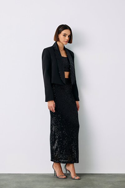 Sateen Pul Payetli Midi Etek - SİYAH