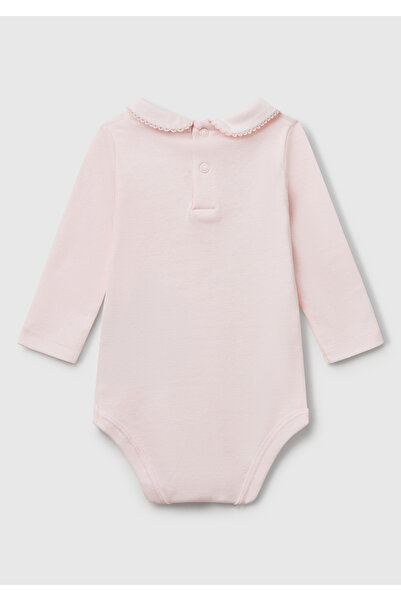 United Colors of Benetton Bebek Pembe Önü Logo İşlemeli Çıtçıtlı Bebek Yaka Uzun Kollu Body