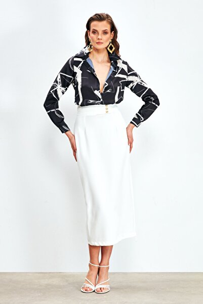 Sateen Button Detailed Midi Skirt - Ecru