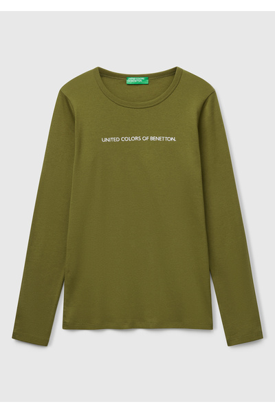 United Colors of Benetton Γυναικείο μακρυμάνικο μπλουζάκι με λαιμόκοψη Benetton Written 100% Cotton