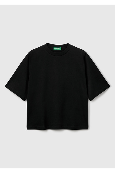 United Colors of Benetton Черна памучна дамска тениска с свободен крой