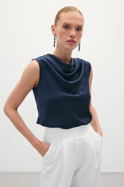 Sateen Degaje Yaka Saten Bluz - Lacivert