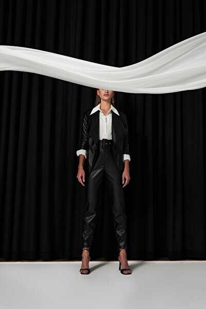 Sateen Geniş Yaka Deri Ceket - Siyah