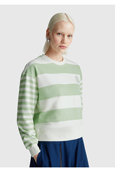 United Colors of Benetton Women's Light Green Cotton Blend Color Block Sweatshirt with Logo Print on the Chest