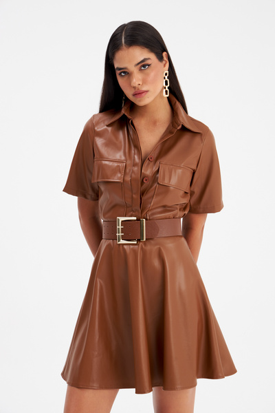 Sateen Fusta mini din piele evazată - Maro